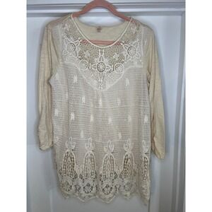 Reba Women's Medium Cream Crochet Lace Trimmed Long Sleeve Boho Feminine Top